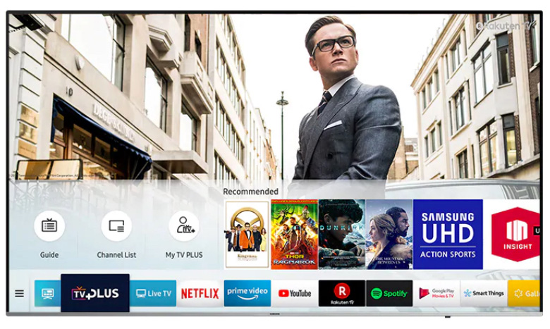 A Samsung TV With The TV Guide Open Showing Recommendations